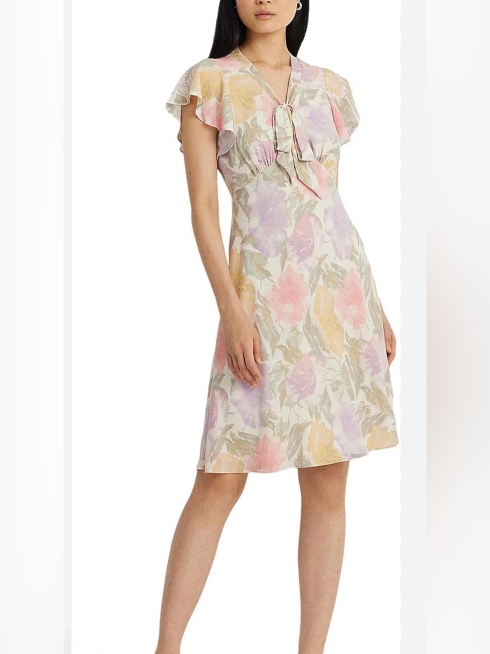 Lauren Ralph Lauren Black Label 
Floral Bubble Crepe Tie Neck Midi Dress 
Sz 6